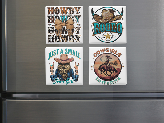 Western Rodeo Fridge Magnet Set – Howdy, Small Town Girl, Cowgirls Do It Better (Set of 4)