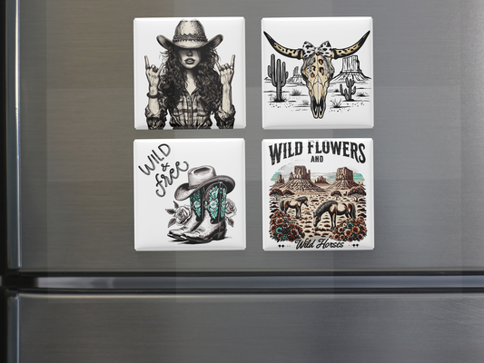 Boho Western Cowgirl Magnet Set – Wild & Free, Skull, Wildflowers and Horses (Set of 4)