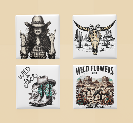 Boho Western Cowgirl Magnet Set – Wild & Free, Skull, Wildflowers and Horses (Set of 4)