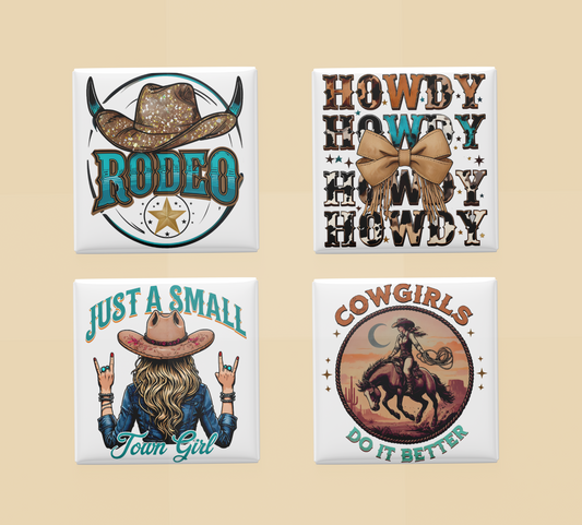 Western Rodeo Fridge Magnet Set – Howdy, Small Town Girl, Cowgirls Do It Better (Set of 4)