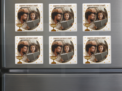 Father’s Day Photo Magnet – Custom with Your Photo – Happy Father’s Day Text & Best Dad Trophy, Set of 6
